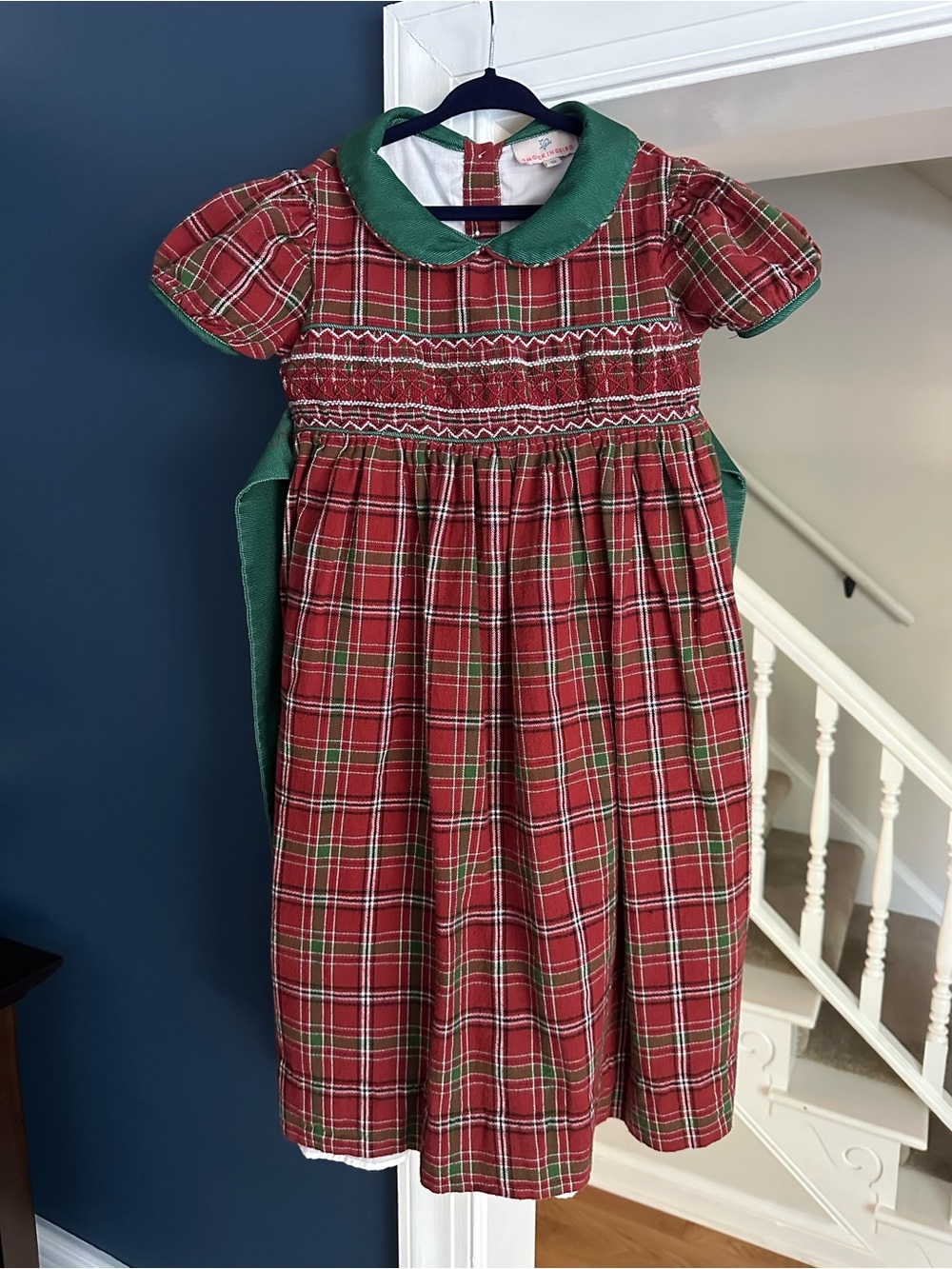 Smockingbird Girls Red Plaid Smocked Holiday Dress Size 10 Peter Pan Collar